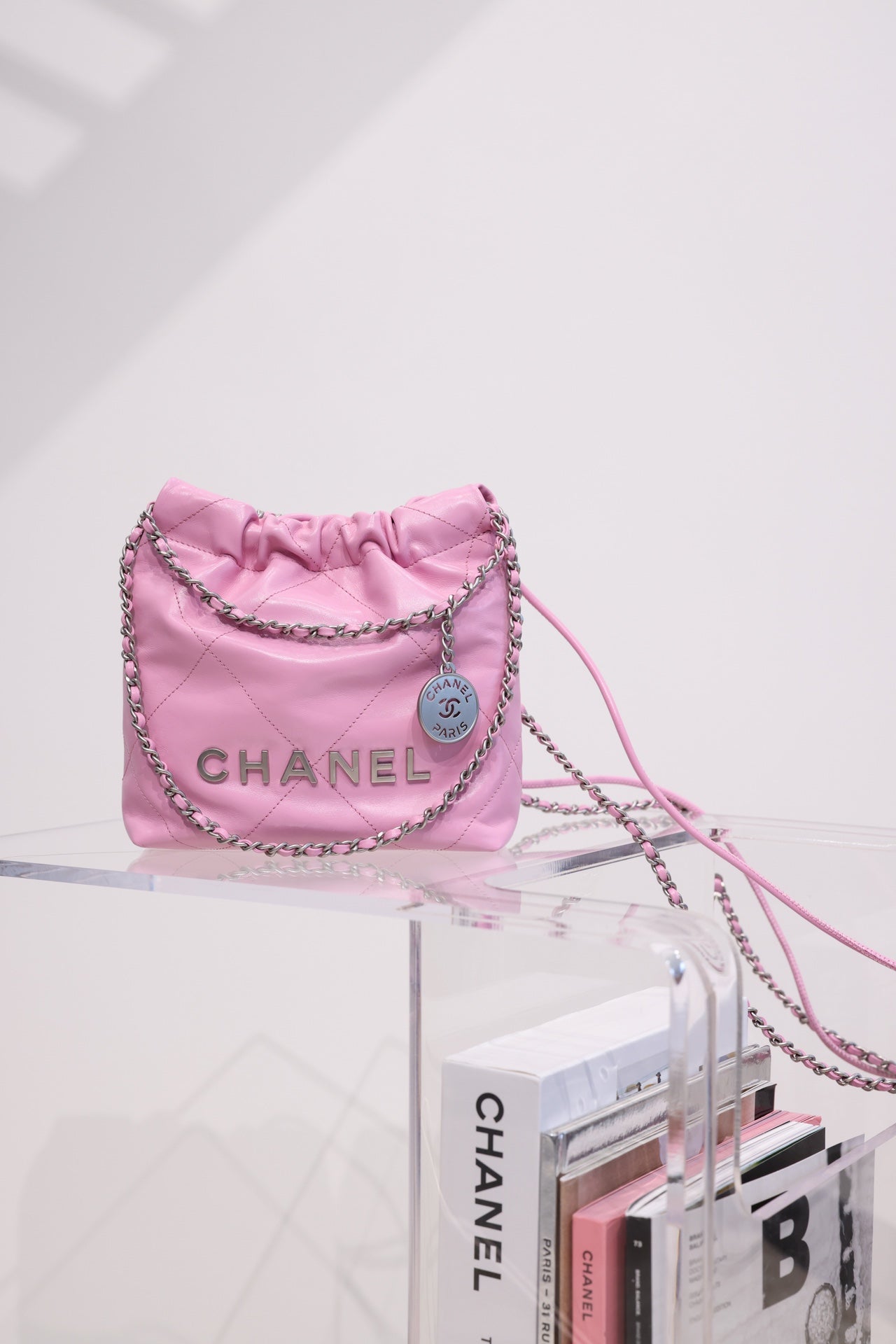 CHANEL HOBO BAG 22 PINK LAMBSKIN SILVER HARDWARE 20CM
