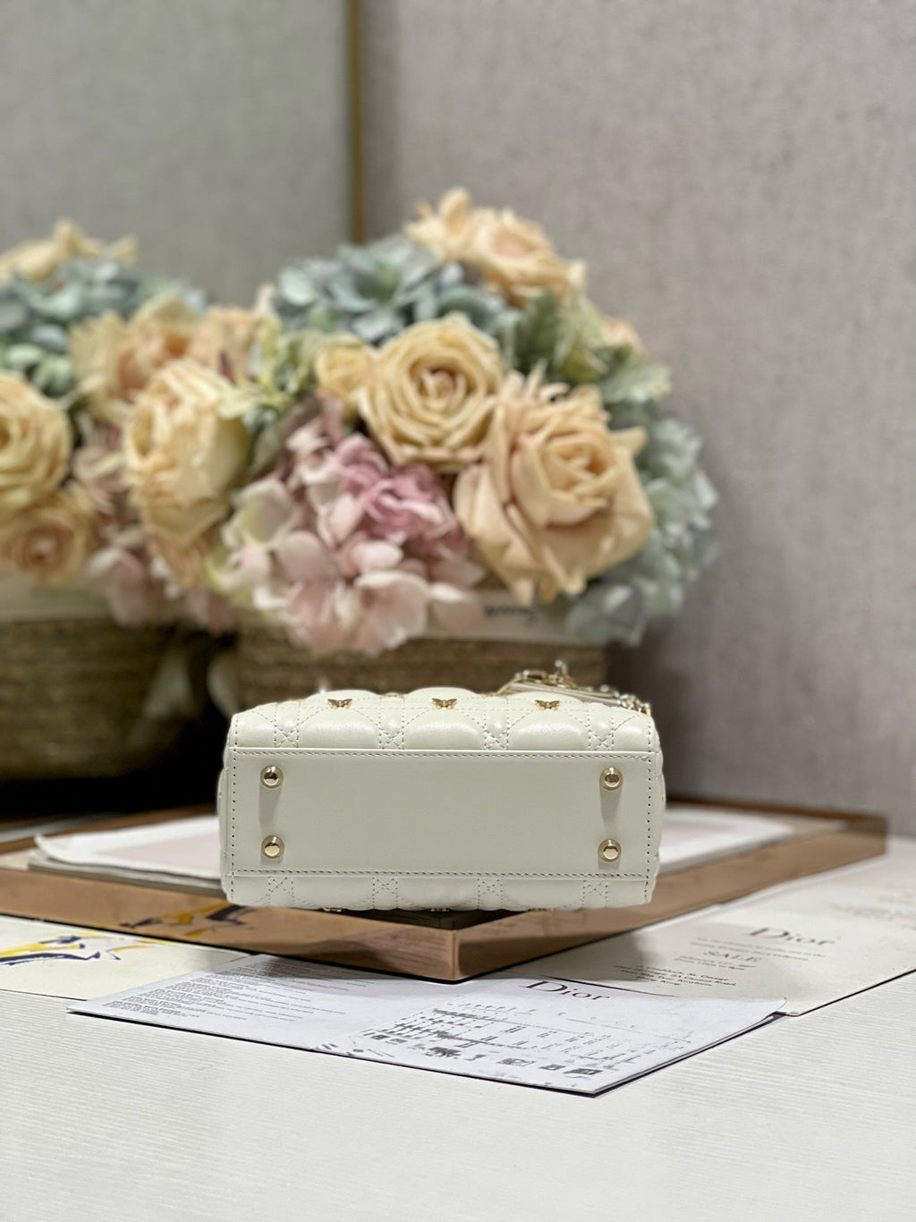 DIOR MINI LADY 17 BUTTERFLY STUD WHITE LAMBSKIN