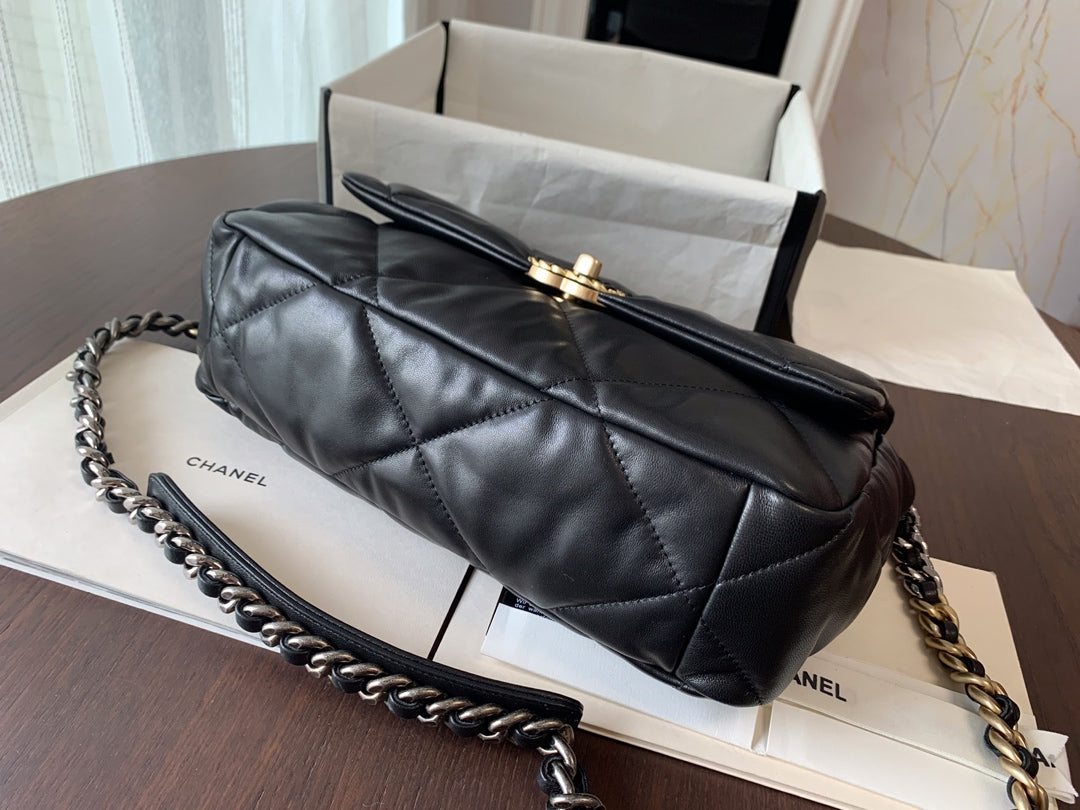 CHANEL 19 FLAP BAG 30 BLACK GOATSKIN GOLD HARDWARE