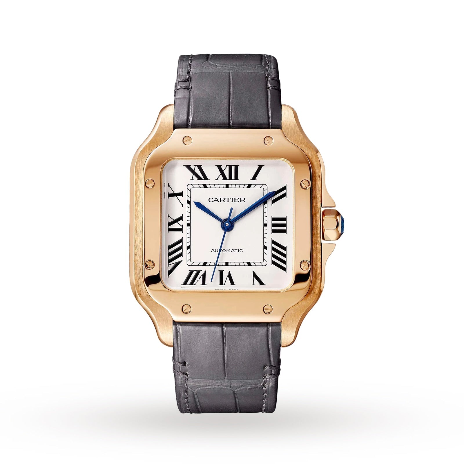 Santos de Cartier Medium Model Watch - 35mm, 18K Rose Gold, Alligator Leather, Silver Dial