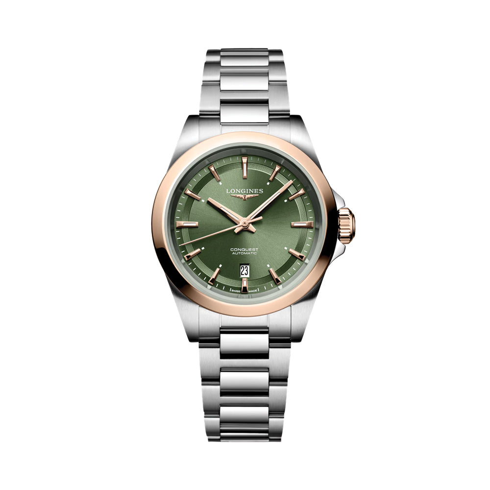 Longines Conquest 30mm Watch - Green w/Pink Gold Bezel on Bracelet