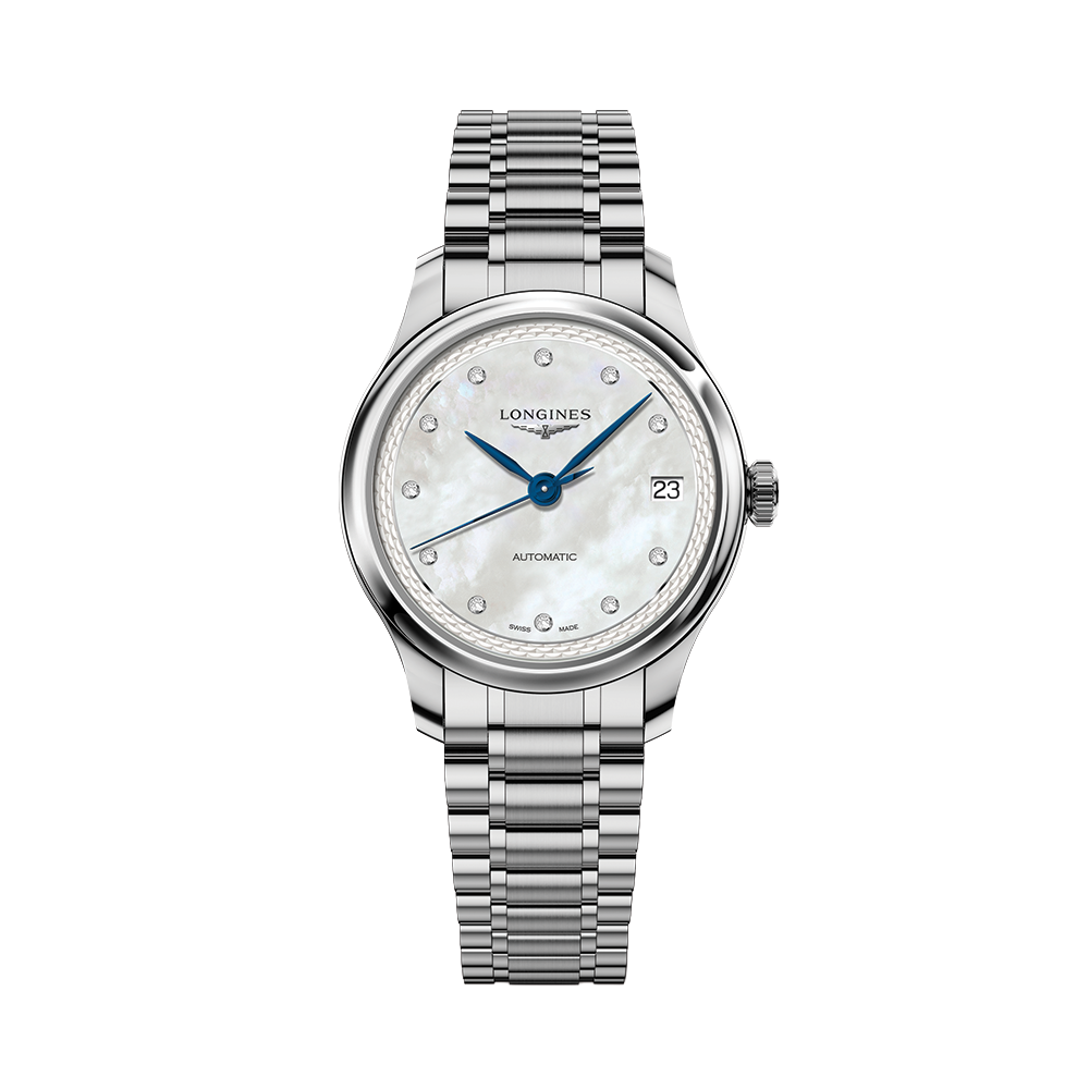 Longines Master 34mm Watch - White, Mother - of - Pearl, Diamond - Set on Bracelet