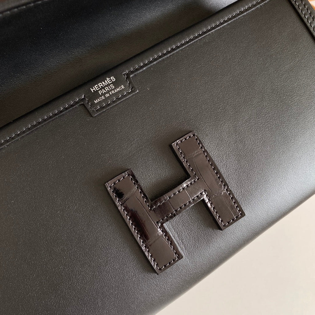 HERMES JIGE ELAN 29 CLUTCH IN BLACK CALFSKIN WITH LIZARD SKIN