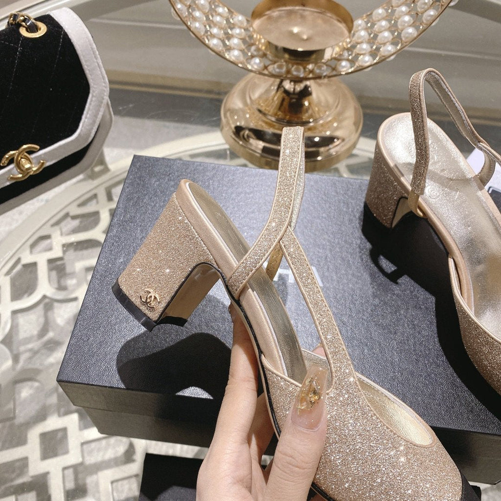 CHANEL slingback 6.5 glitter beige black grosgrain