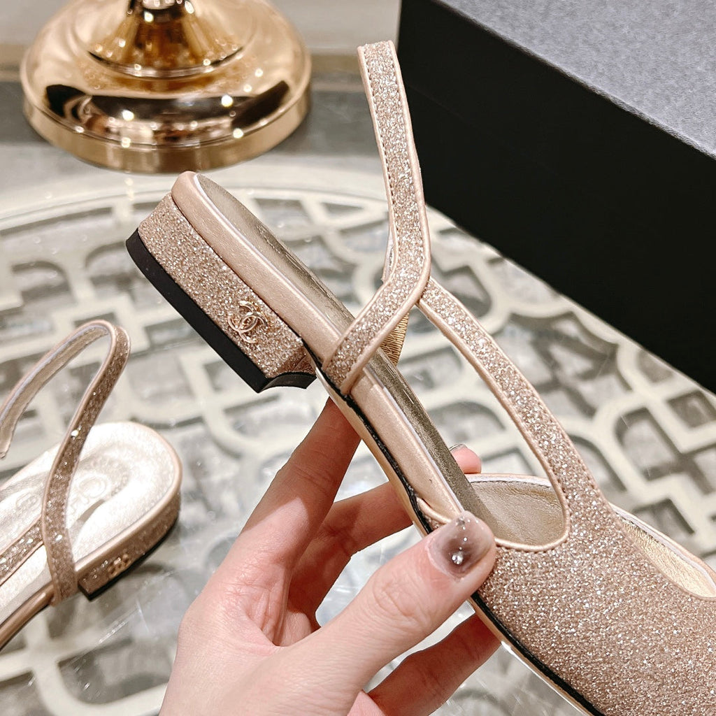 CHANEL slingback 2.5 glitter ligh pink black grossgain
