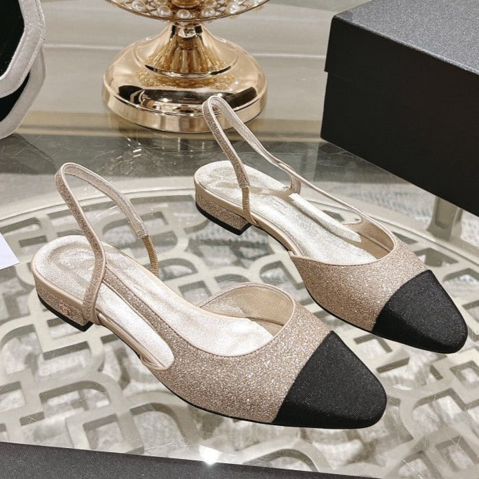 CHANEL slingback 2.5 glitter ligh pink black grossgain