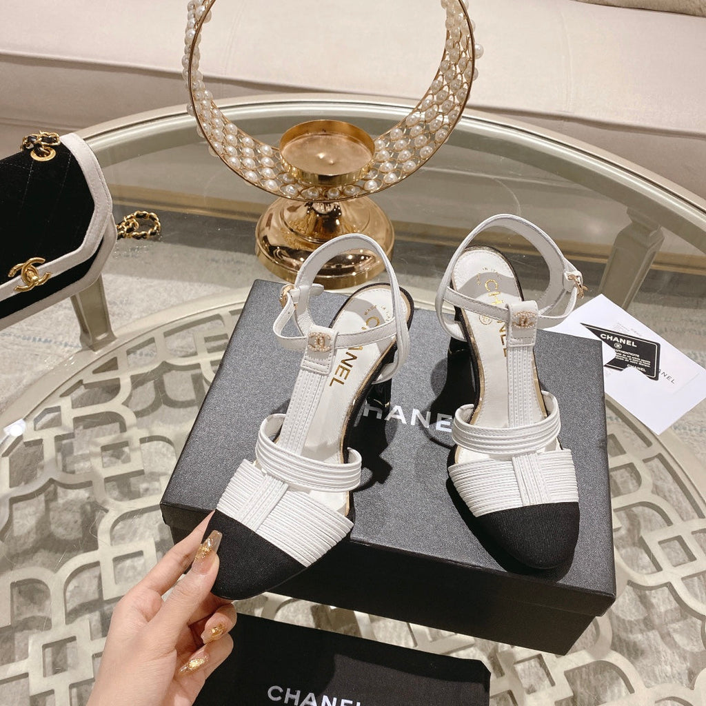CHANEL Double C  Heeled Sandals White Black Lambskin