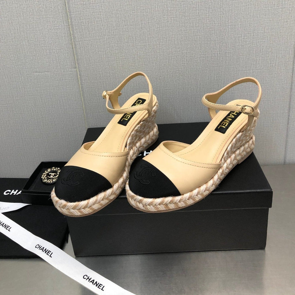CHANEL MARY JANE WEDGE BEIGE CREAM LAMBSKIN