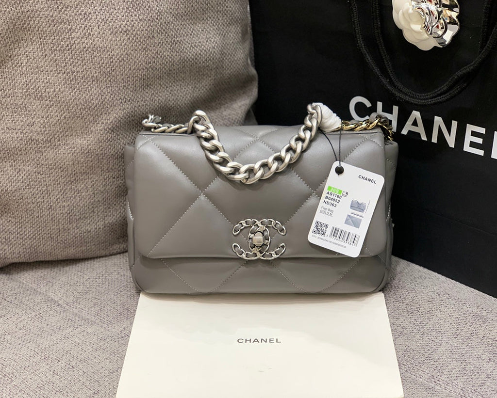 CHANEL 19 FLAP BAG 26 DARK GREY GOATSKIN SILVER HARDWARE