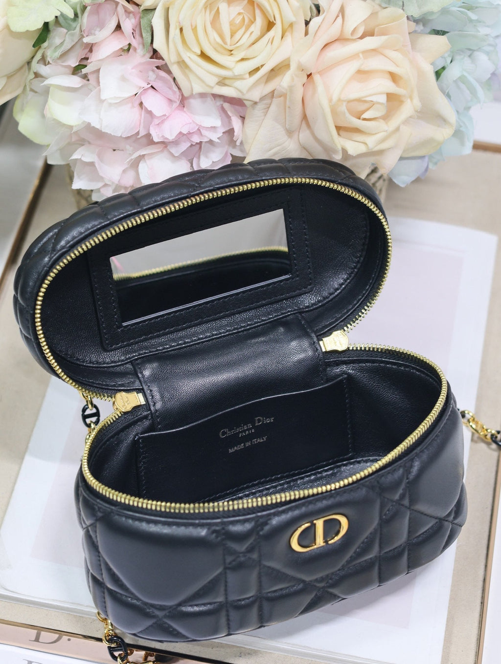 DIOR CARO 16 MINI VANITY CASE IN BLACK MACROCANNAGE LAMBSKIN