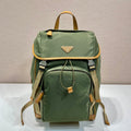 PRADA BACKPACK 45 IN SEAWEED GREEN RE-NYLON AND BROWN CALFSKIN TRIM