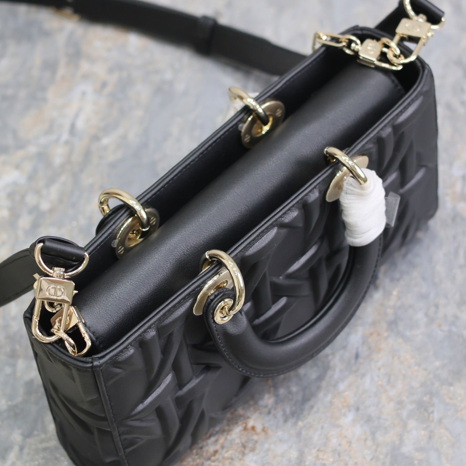 DIOR LADY D-JOY BAG 26 IN BLACK GRAPHIC CANNAGE CALFSKIN PALE GOLD-FINISH METAL CHARMS