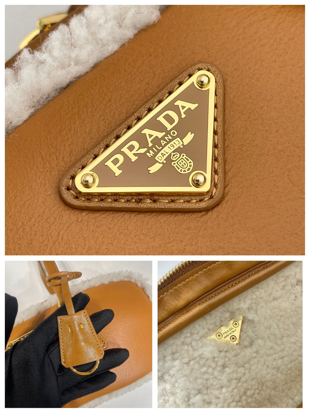 PRADA TOP HANDLE BAG 27 IN BRONZE BROWN SHEEPSKIN AND SHEARLING TRIM