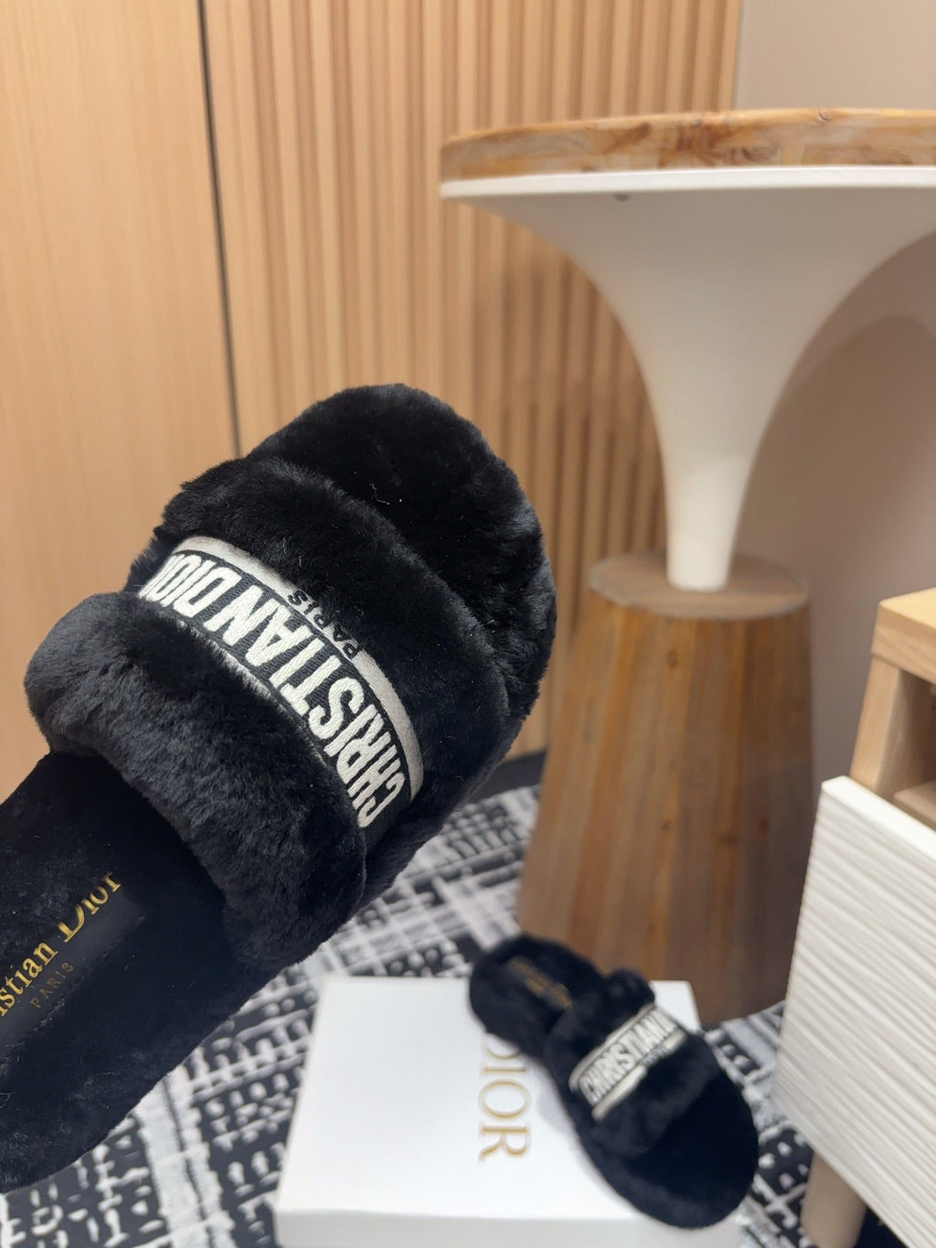 DIOR THICK-SOLE SLIPPERS BLACK SHEARLING WITH EMBROIDERED LOGO