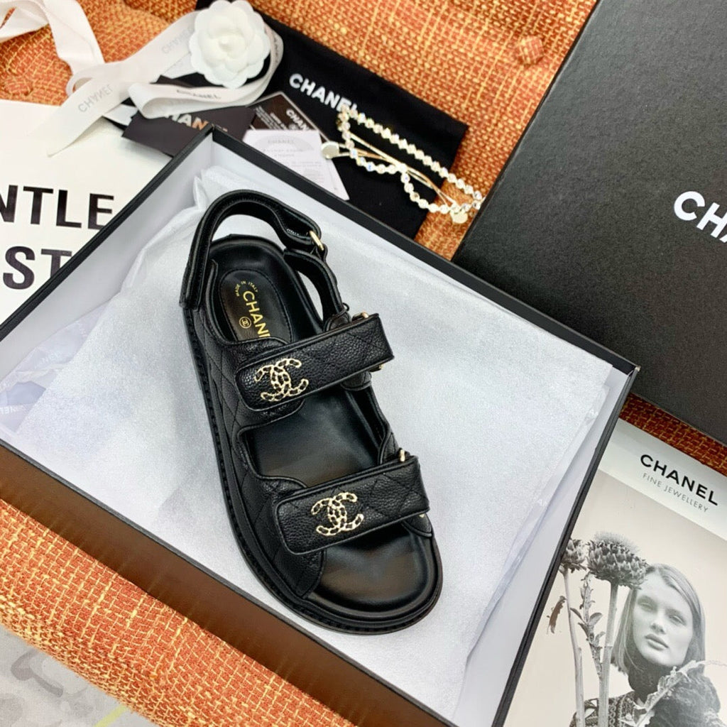 CHANEL dad sandals black leather