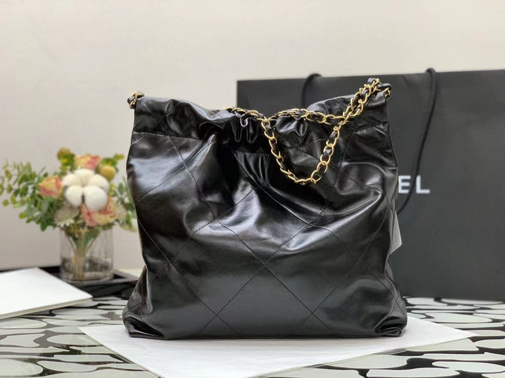 CHANEL HOBO BAG 22 BLACK LAMBSKIN GOLD HARDWARE
