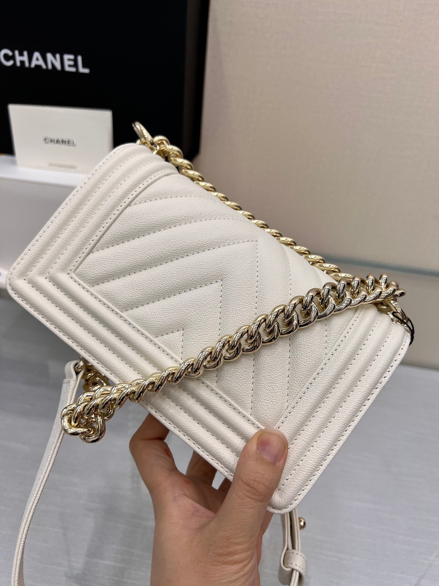 CHANEL BOY BAG SMALL 20 WHITE CHEVRON CAVIAR GOLD HARDWARE