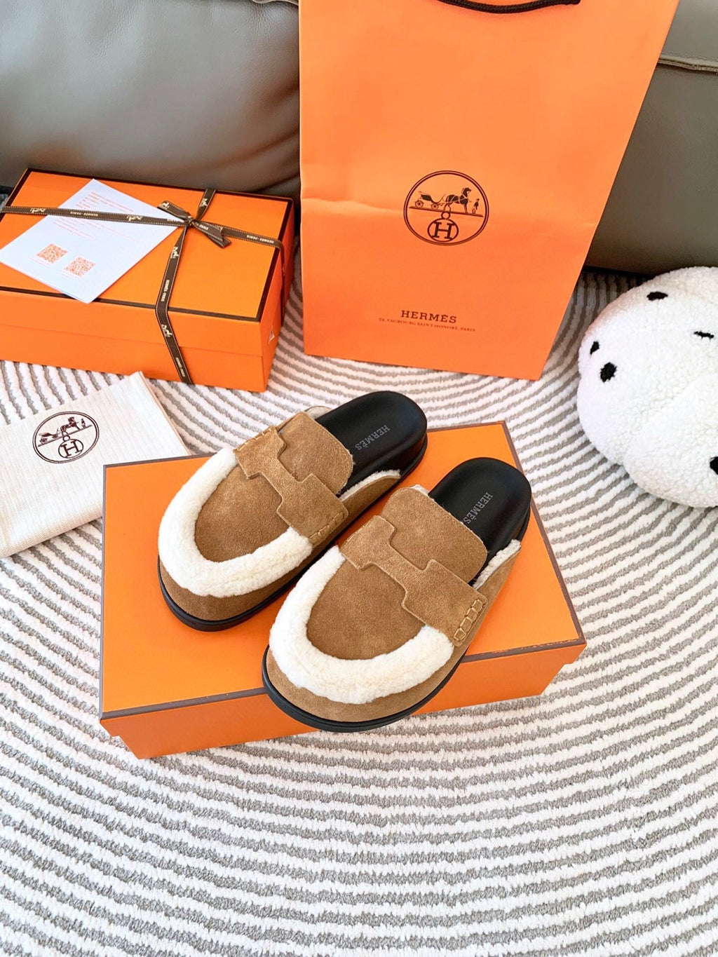 HERMES G0 MULE BROWN SUEDE SHEARLING