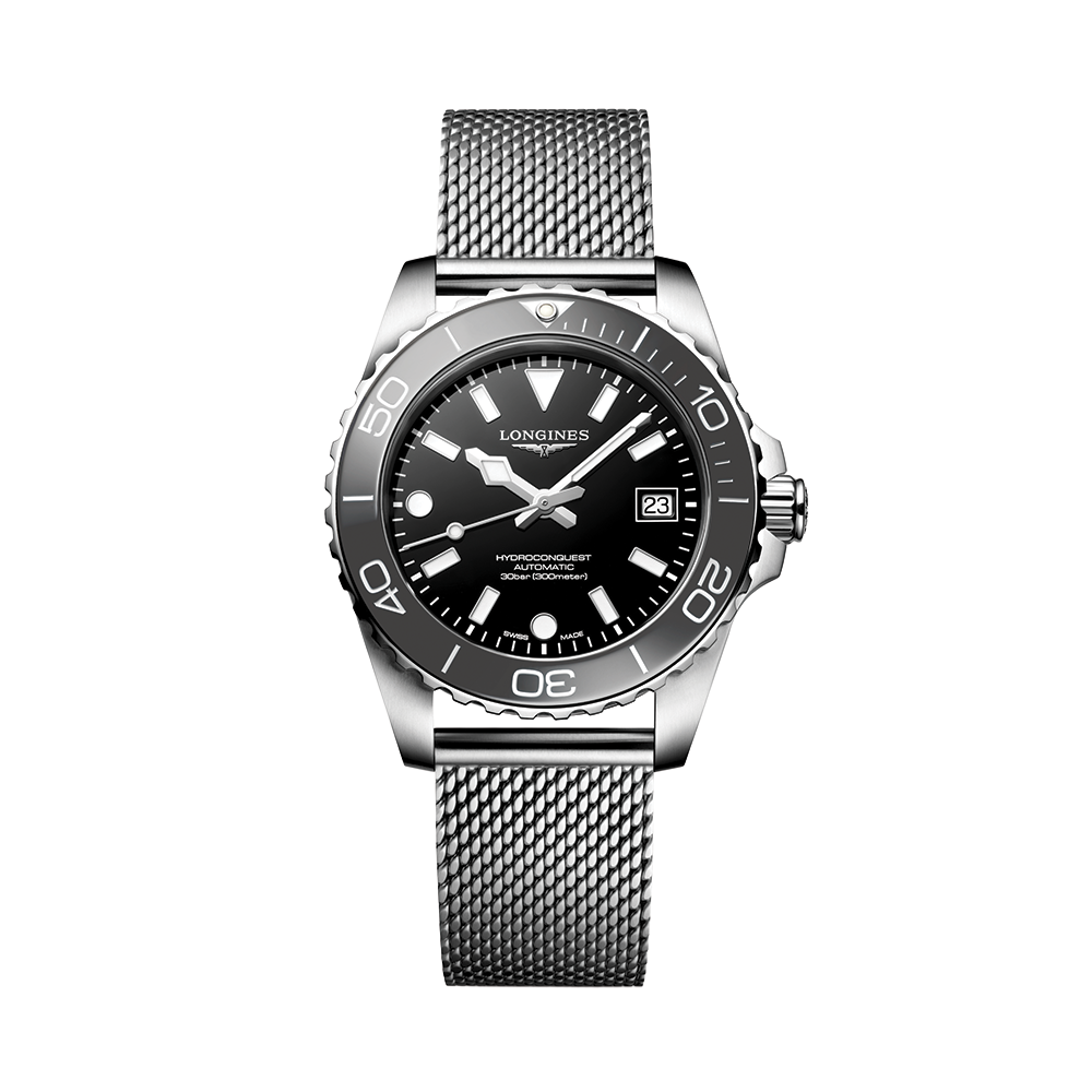 Longines HydroConquest 39mm Watch - Black on Mesh Bracelet