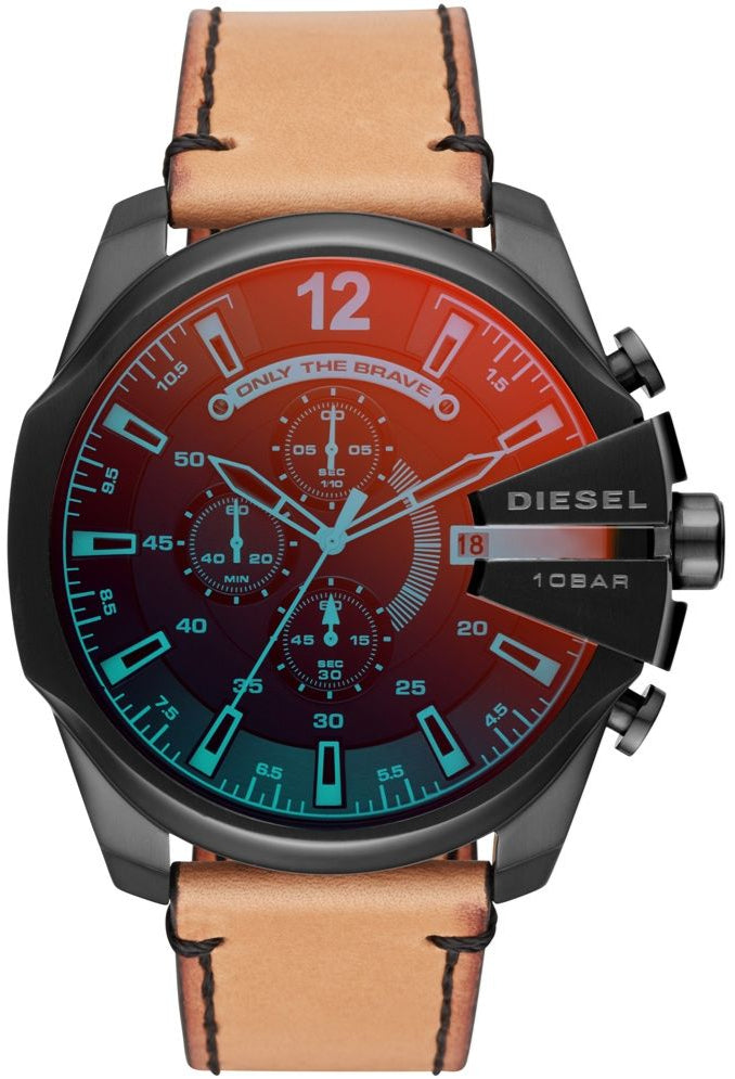 Diesel DZ4476 Mega Chief Chronograph Men's Watch - Black Dial & Brown Leather Strap