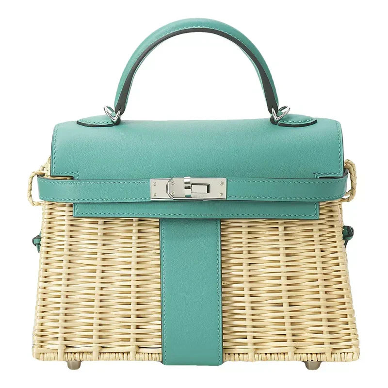 HERMES KELLY 20CM JAUNE DE NAPLES SWIFT IN TURQUOISE LEATHER AND WICKER SILVER HARDWARE