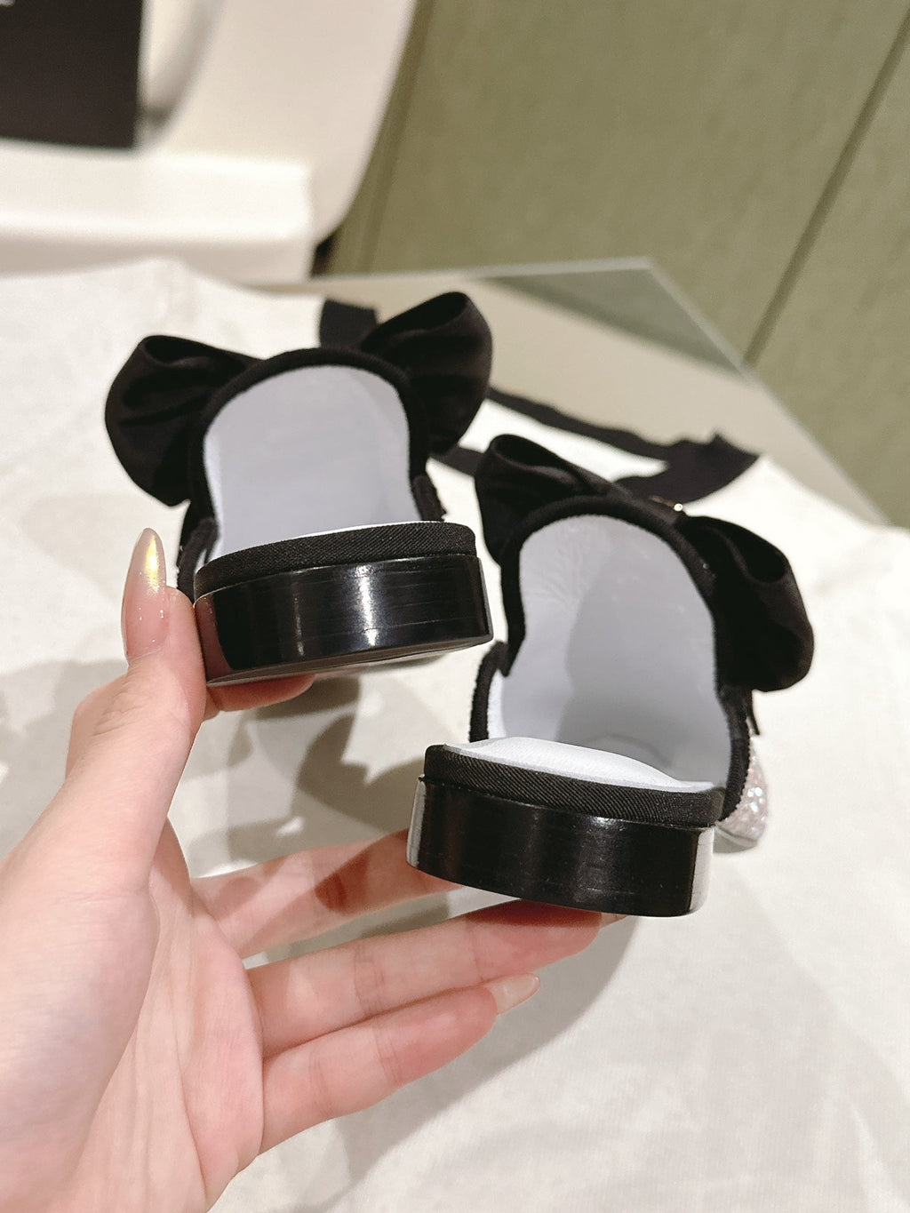 CHANEL JEWELED MULE WITH SILK BLACK BOW IN WHITE LAMBSKIN