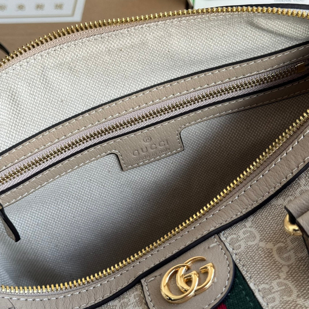 GUCCI OPHIDIA SMALL TOP HANDLE BAG 26 IN BEIGE WHITE CANVAS AND OAT CALFSKIN TRIM GOLD HARDWARE