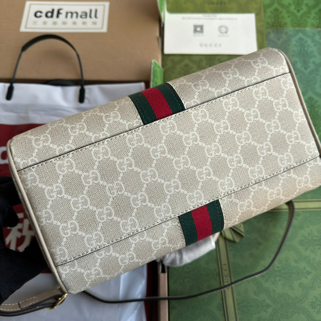 GUCCI OPHIDIA SMALL TOP HANDLE BAG 26 IN BEIGE WHITE CANVAS AND OAT CALFSKIN TRIM GOLD HARDWARE