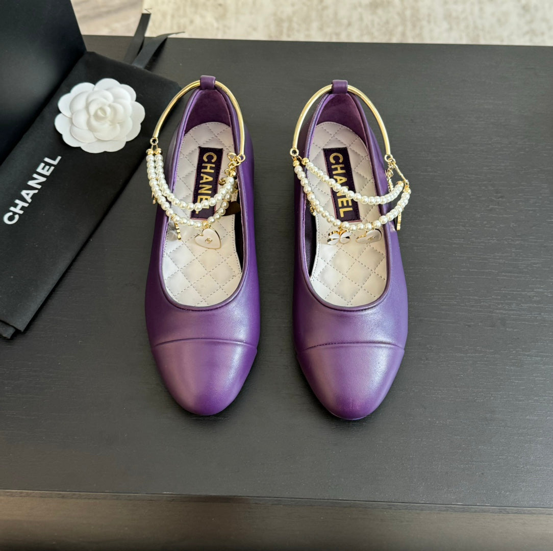 CHANEL Double Strap Chunky Heel Mary Jane Shoes Violet Purple
