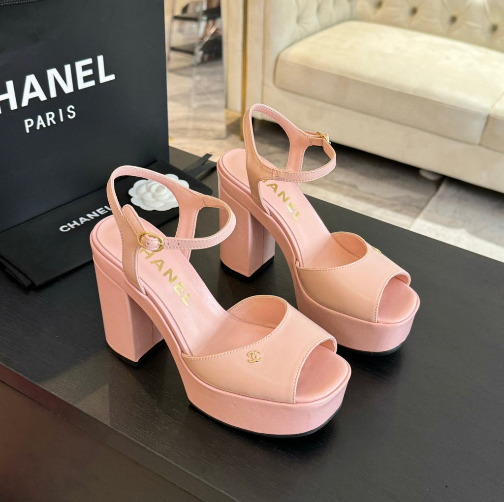 CHANEL HIGH HEEL PLATFORM SANDALS IN PEACH PINK CALFSKIN