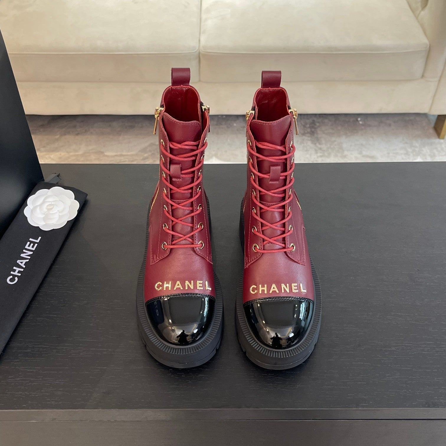CHANEL ANKLE BOOTS IN BLACK MIX GARNET RED LAMBSKIN