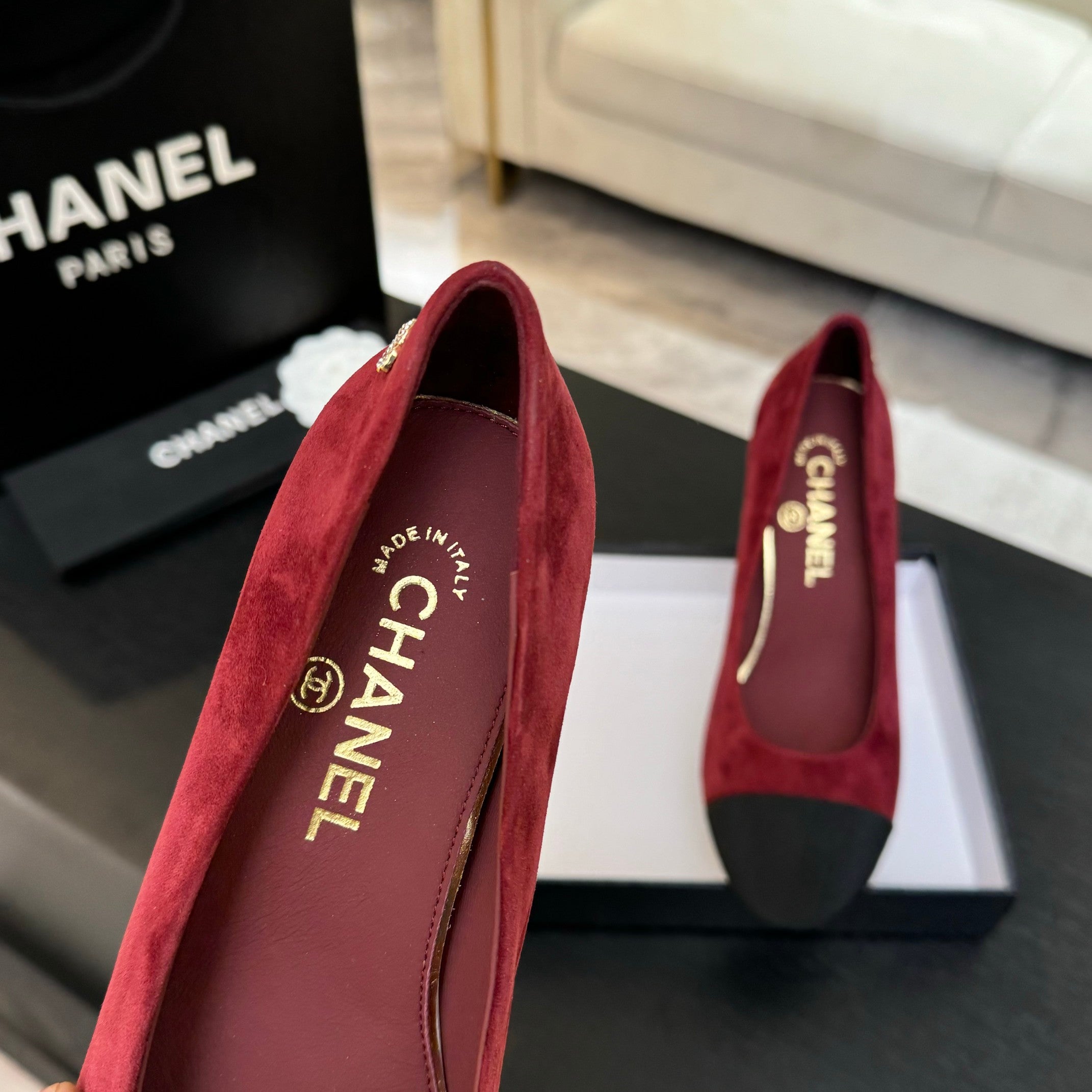 CHANEL HIGH HEEL 85 MM SANDALS IN RUBY RED SUEDE AND BLACK FABRIC
