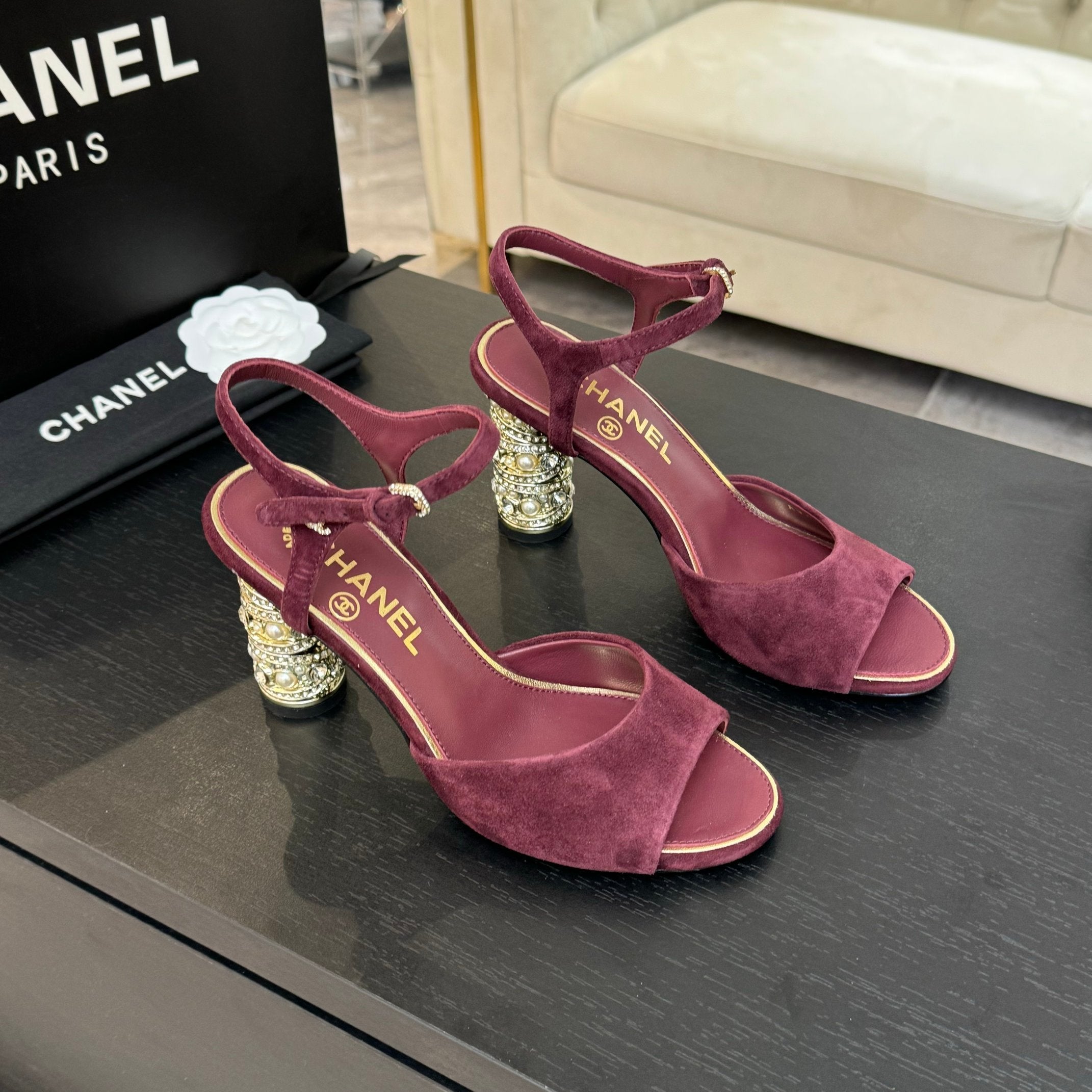 CHANEL T-STRAP PEARL HEEL 85 MM SANDALS IN SANGRIA RED SUEDE