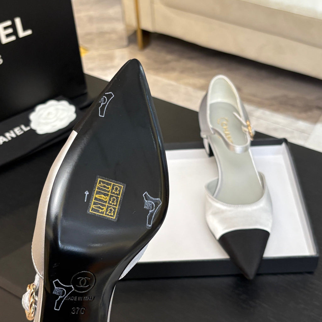 CHANEL BLOCK HEEL SLINGBACKS IN SILVER MIX BLACK SILK FABRIC