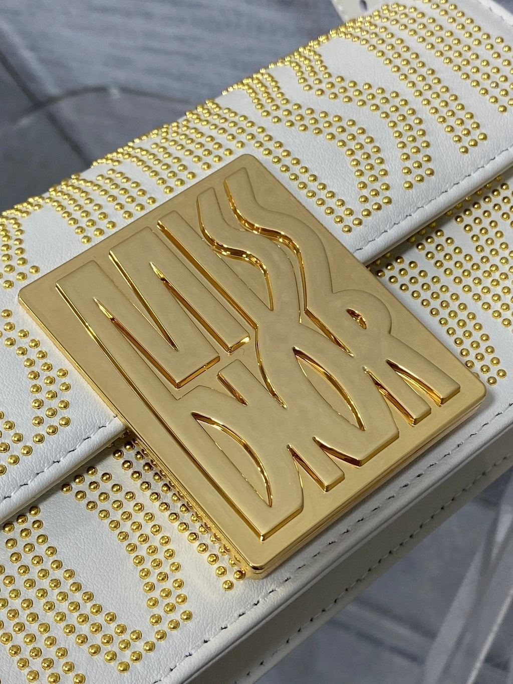 DIOR MINI 18 FLAP BAG IN WHITE LAMBSKIN WITH GOLD RHINSTONES