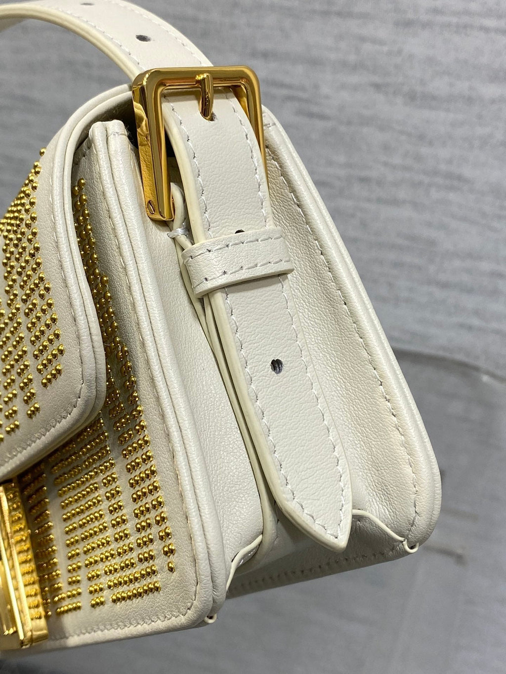 DIOR MINI 18 FLAP BAG IN WHITE LAMBSKIN WITH GOLD RHINSTONES