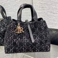 DIOR MEDIUM 28 TOUJOURS BAG IN BLACK MIX WHITE CANNAGE TWEED WITH GOLD HARDWARE