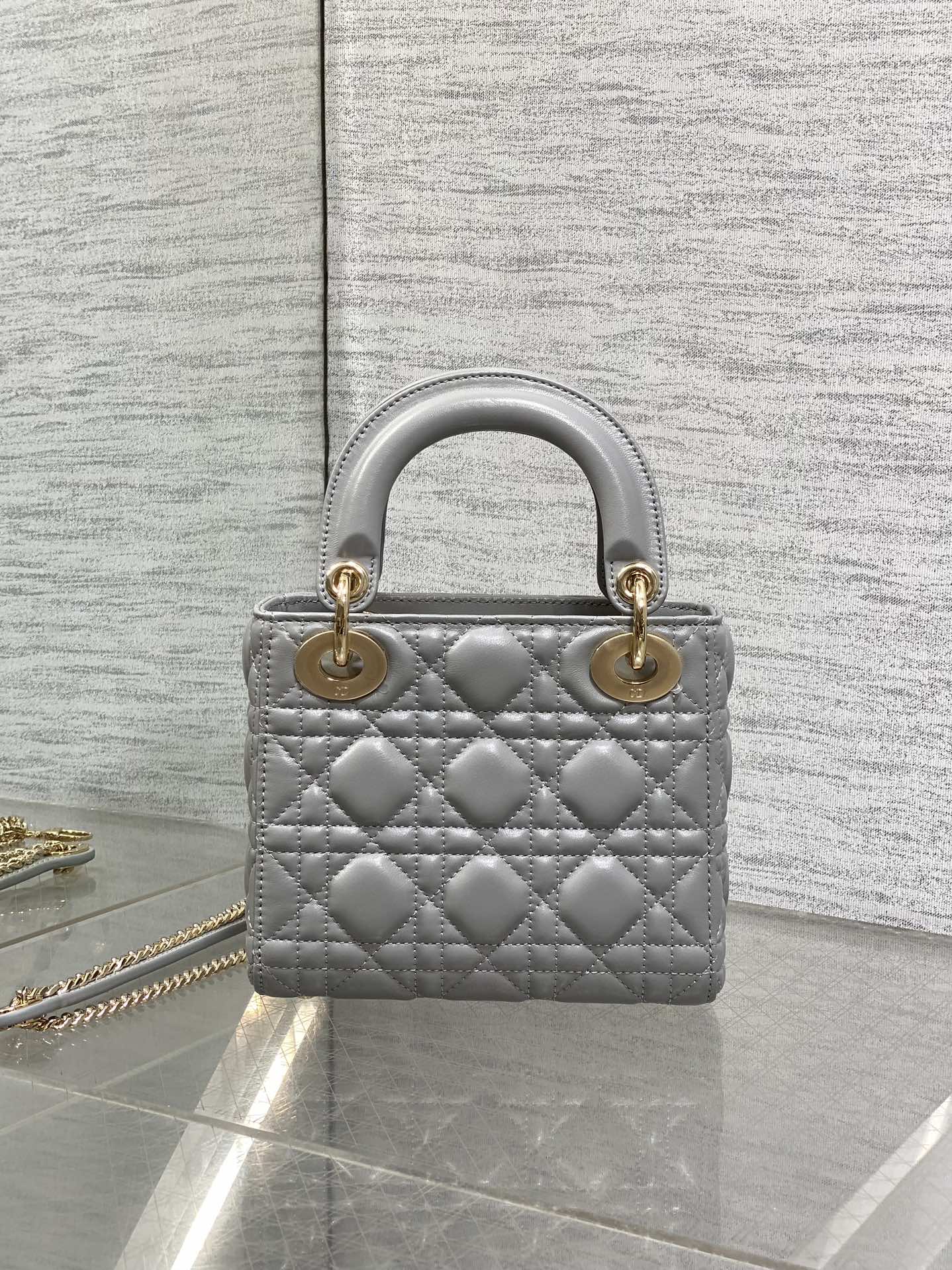 DIOR 25S MINI LADY  BAG 17 IN DARK GRAY CALFSKIN CHARM CRYSTAL EMBELLISHMENTS