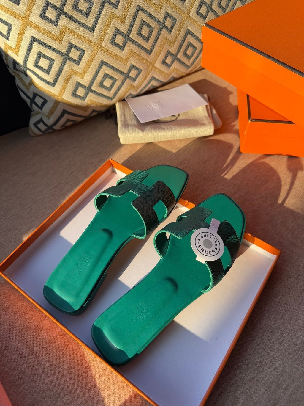HERMES 0RAN SANDALS IN PERSIAN GREEN CALFSKIN