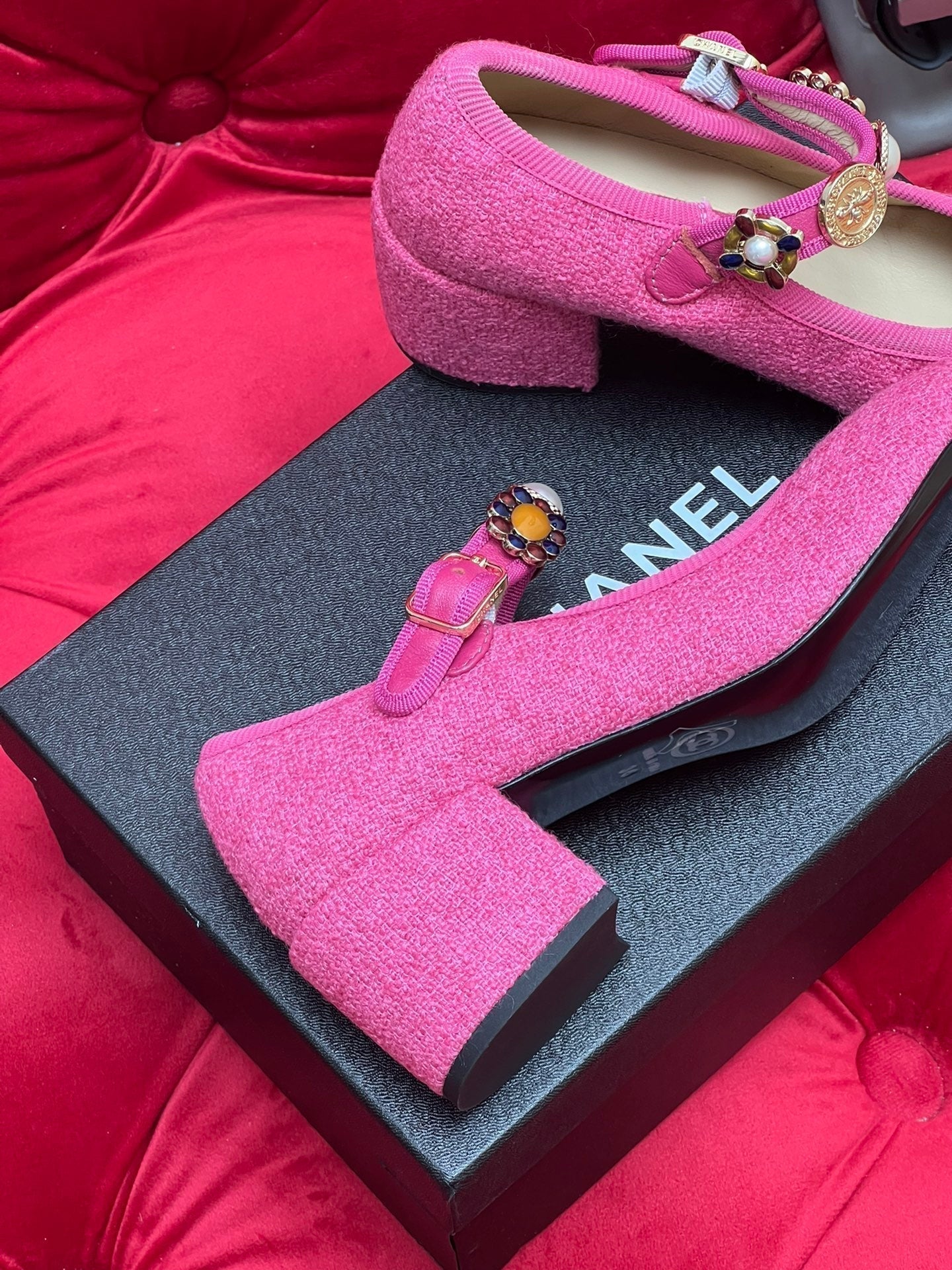 CHANEL HIGH MARY JANE SHOES HOT PINK WOOL TWEED