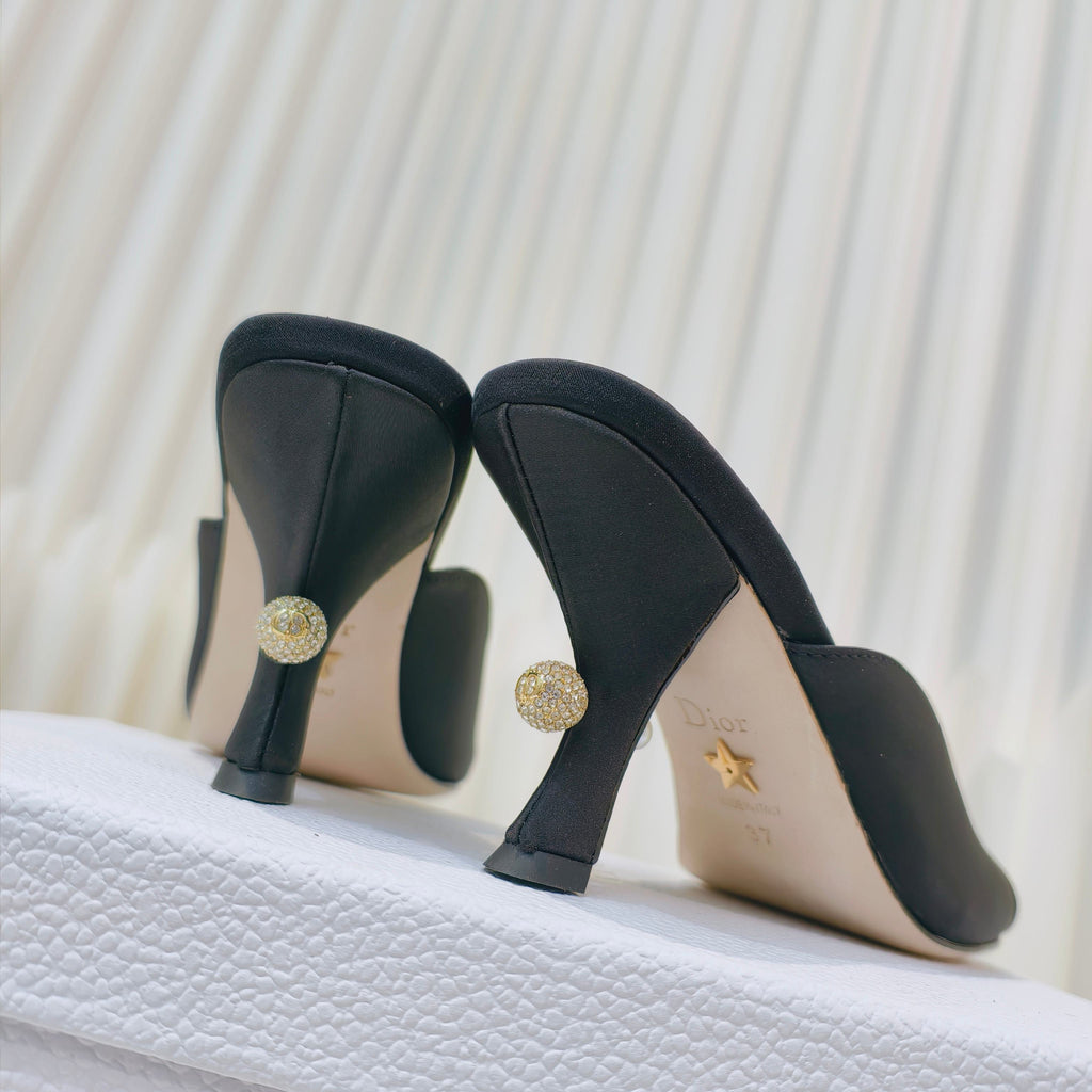 DIOR EMBELLISHED HIGH HEEL SLIDES 25S IN BLACK SATIN