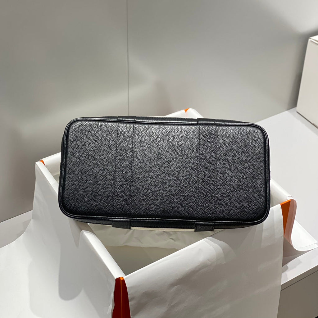 HERMES GARDEN PARTY 36 IN BLUE IVORY TOILE H CANVAS BLACK CALFSKIN EQUESTRIAN HARNESS PRINT