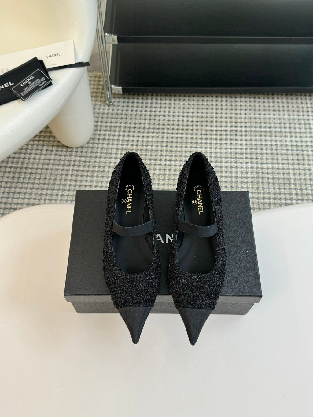 CHANEL MARY JANE IN BLACK WOOL TWEED AND SATIN