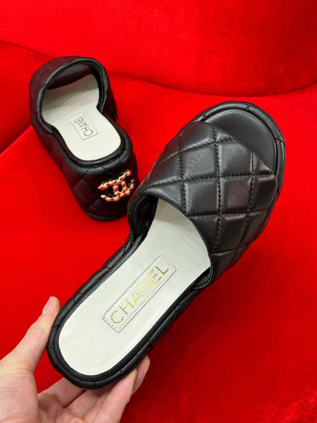 CHANEL WEDGE HEELS BLACK LAMBSKIN