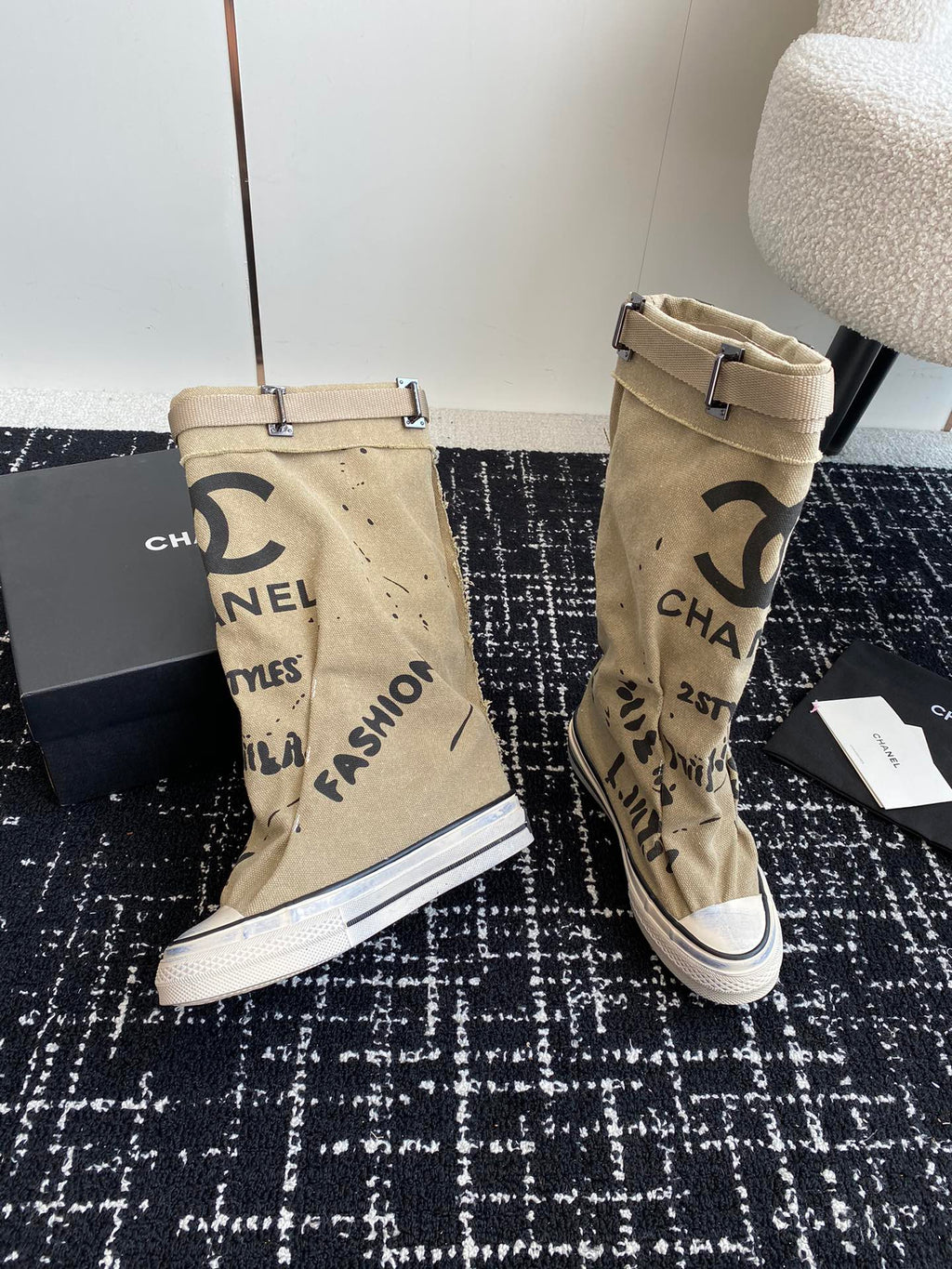 CHANEL HIGH BOOTS IN TORTILLA BROWN CANVAS