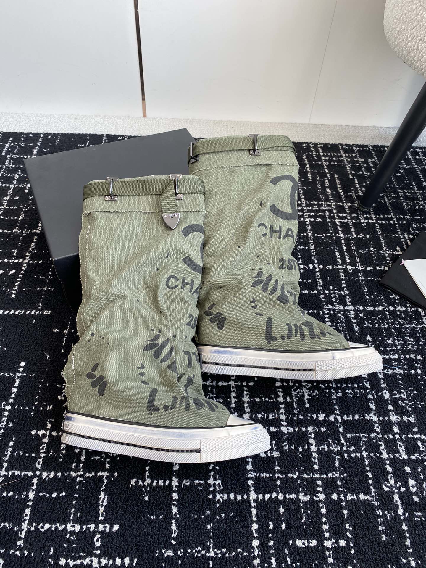 CHANEL HIGH BOOTS IN ARMY GREEN CANVAS