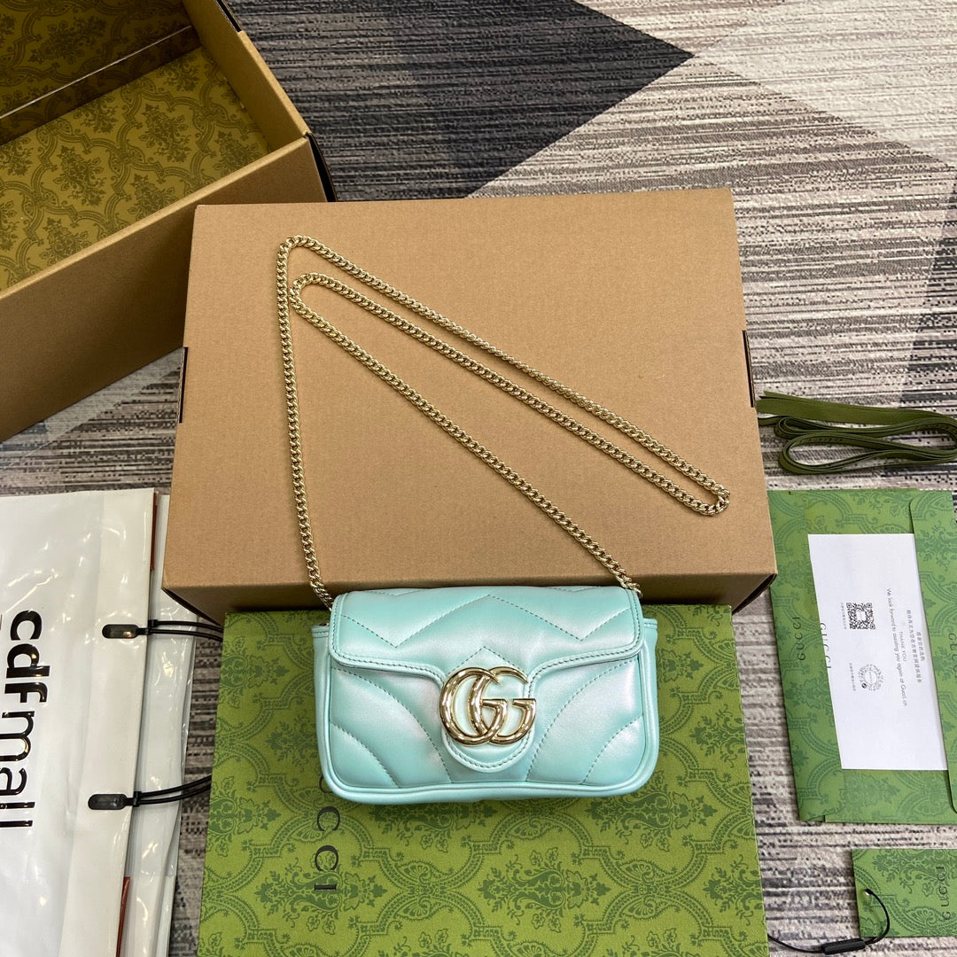 GUCCI MARMONT 16 MINI SHOULDER BAG BLUE IRIDESCENT CALFSKIN