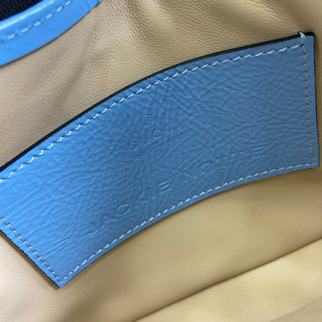 GUCCI JACKIE NOTTE MINI BAG 19 IN OCEAN BLUE CRACKED LACQUER CALFSKIN GOLD HARDWARE
