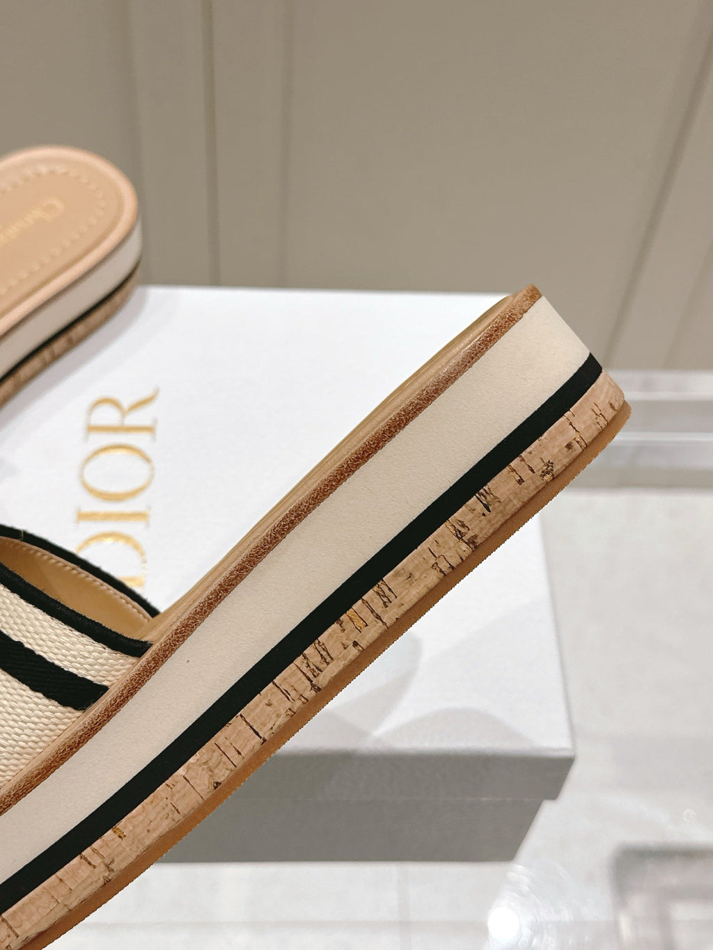 DIOR DWAY WEDGE SLIDES 45MM IN BEIGE AND BLACK FABRIC RAFFIA SOLE