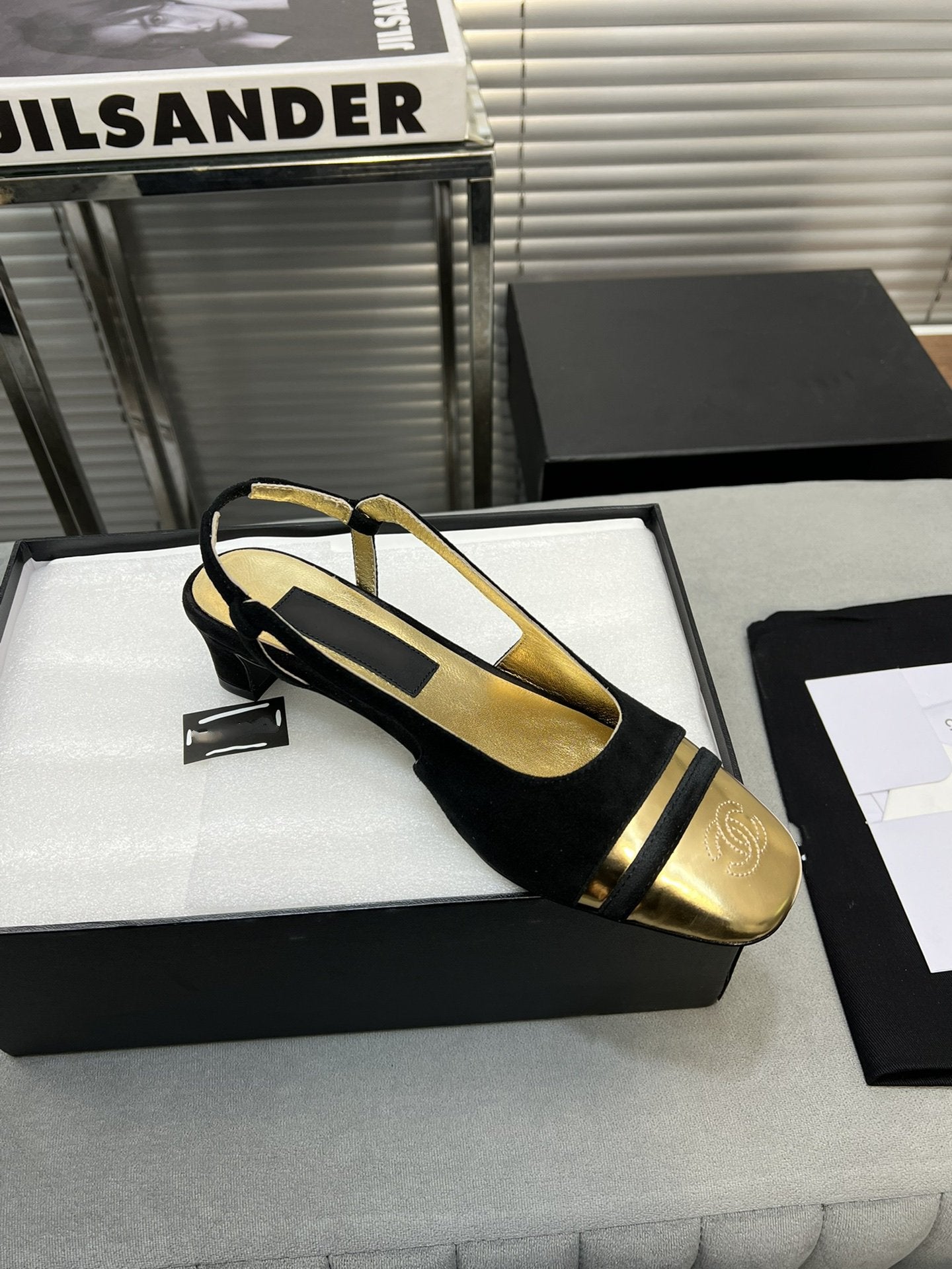 CHANEL slingback black suede gold metalic lambskin square toe 5.0